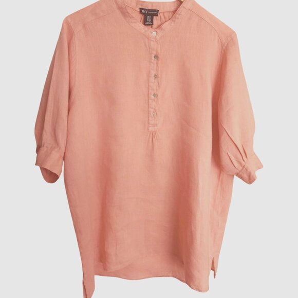 JNY Pre-loved Plus-Size 1X Pink Long-sleeve Linen Tunic. Collarless, 6 Buttons - Picture 6 of 9